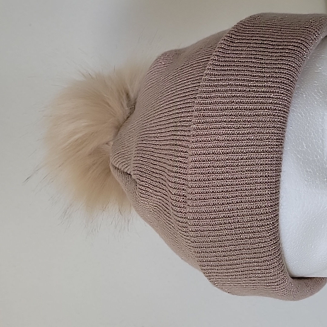 Nwt Giddy Up Glamour Taupe Knit Beanie With Gold Shimmery Sparkle And Pom — image 2 of 8